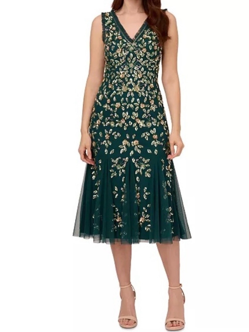 Adrianna Papell Green V-Neck Embroidered Midi Dress